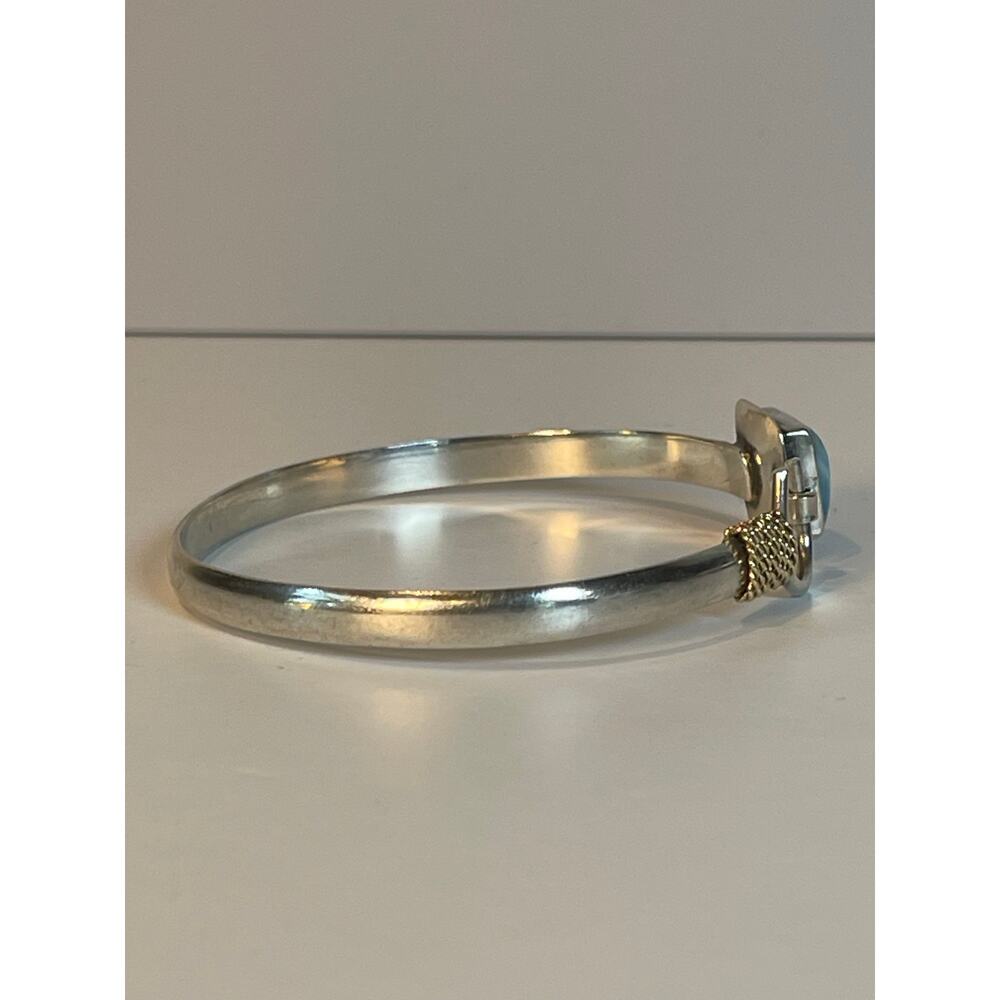 925 Sterling Silver Larimar Bracelet 14K Gold Rope Accent Cuff - Picture 8 of 11